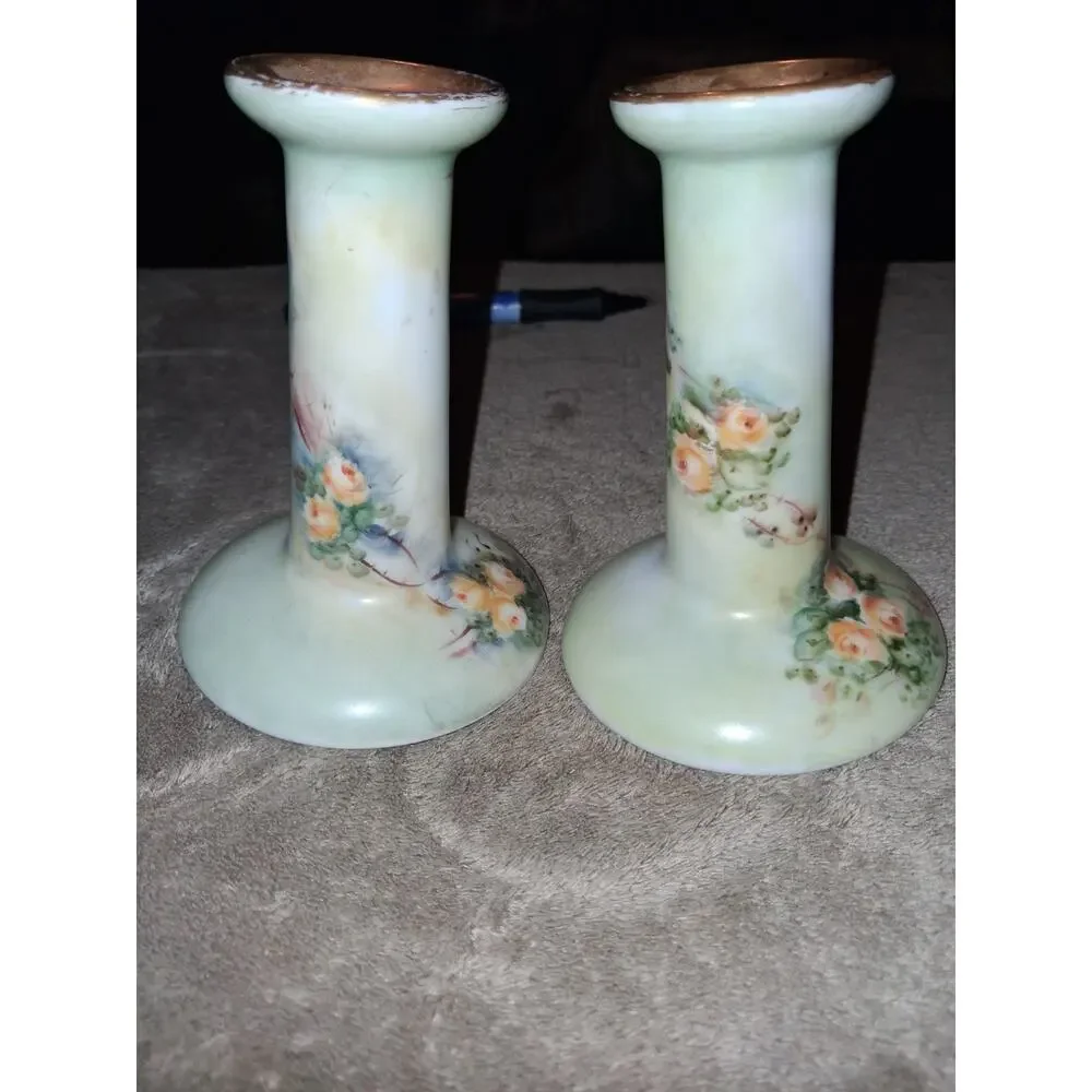 Antique Bernardaud Co Limoges France Hand Painted Candle Stick Holder flowers